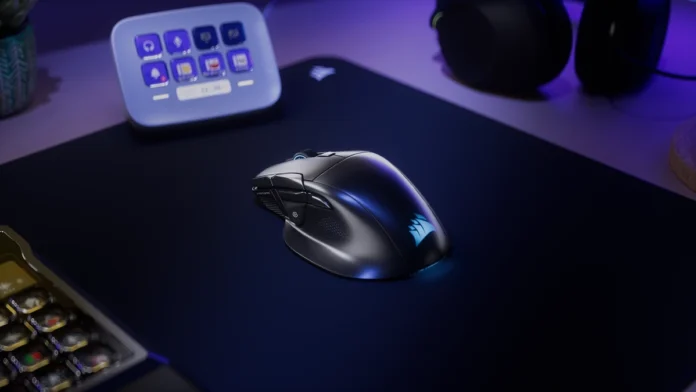 Corsair Nightsword V2 Wireless SD gaming mouse with Stream Deck integration and customizable controls on a gaming desk setup