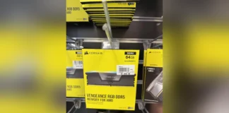 A 64GB DDR5 Memory Kit Now Costs Almost $1500 A retail shelf displaying Corsair Vengeance RGB DDR5 64GB and 32GB memory kits with price tags.