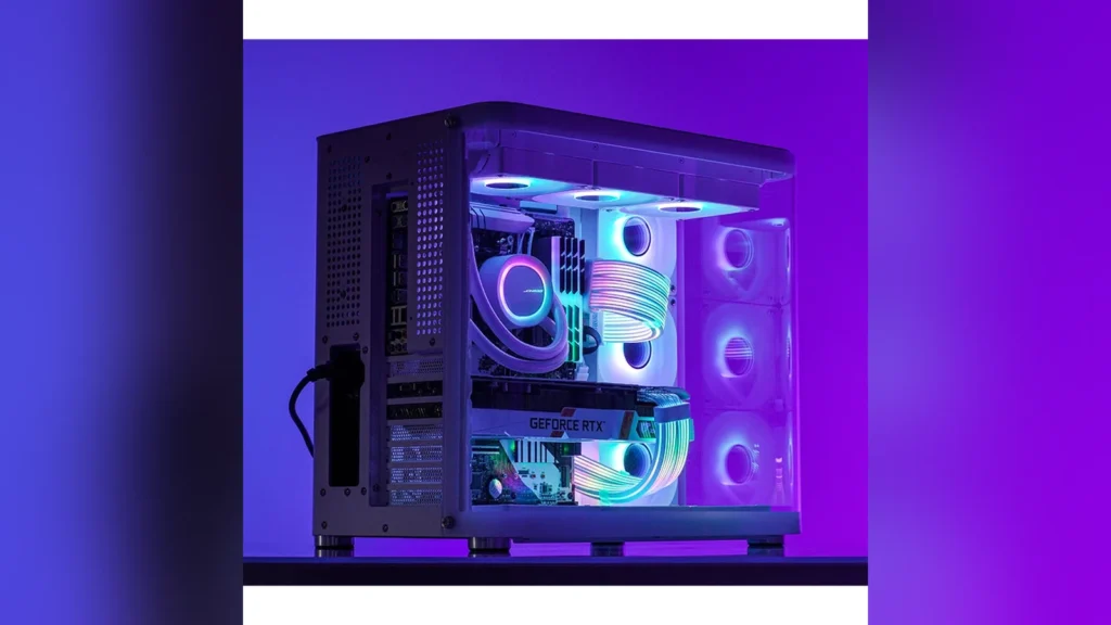 Jonsbo DY-2 GPU-H++ Power Extension Features Dual-Sided RGB Lighting 4 Full view of a customized PC build with glowing Jonsbo DY-2 GPU-H++ cables and purple ambient lighting.
