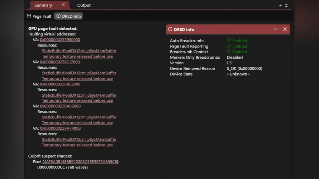 Developer console showing a DirectX GPU crash dump file being generated.
