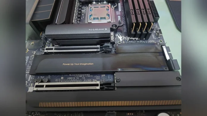 Close-up of the PCH and M.2 heatsink area on an ASUS ProArt X870E-Creator WiFi motherboard showing visible heat marks and discoloration.