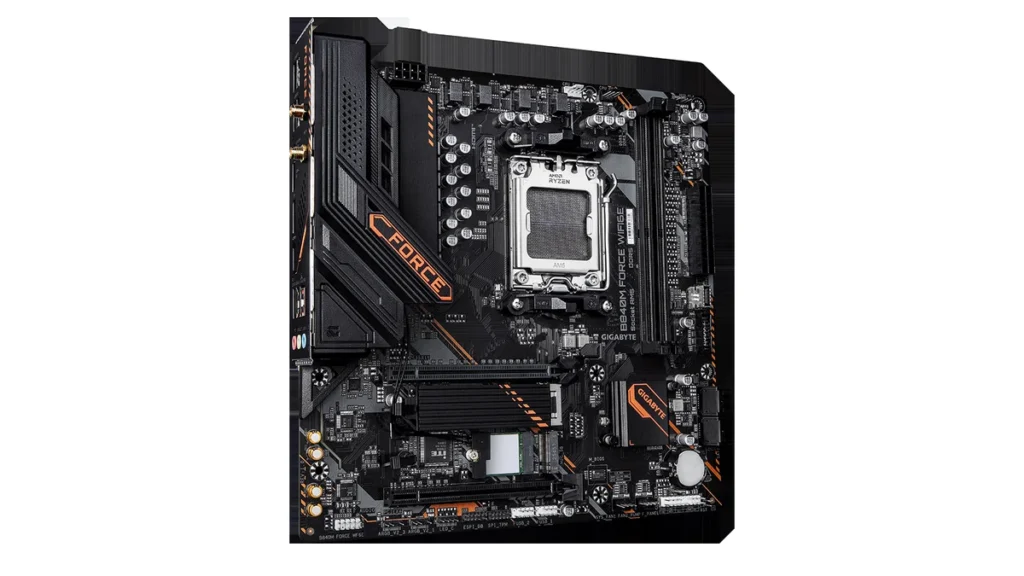 GIGABYTE B840M FORCE WIFI6E Micro-ATX motherboard for AMD AM5 processors featuring an orange-accented heatsink design.
