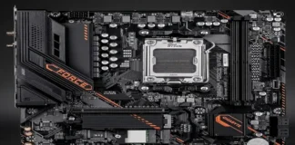 GIGABYTE Releases B840M FORCE WIFI6E Budget Motherboard Top-down view of the GIGABYTE B840M FORCE WIFI6E motherboard displaying the AM5 socket, DDR5 memory slots, and PCIe expansion layout.