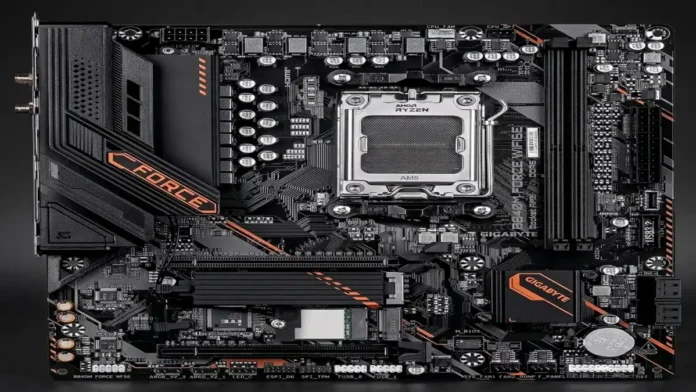 Top-down view of the GIGABYTE B840M FORCE WIFI6E motherboard displaying the AM5 socket, DDR5 memory slots, and PCIe expansion layout.