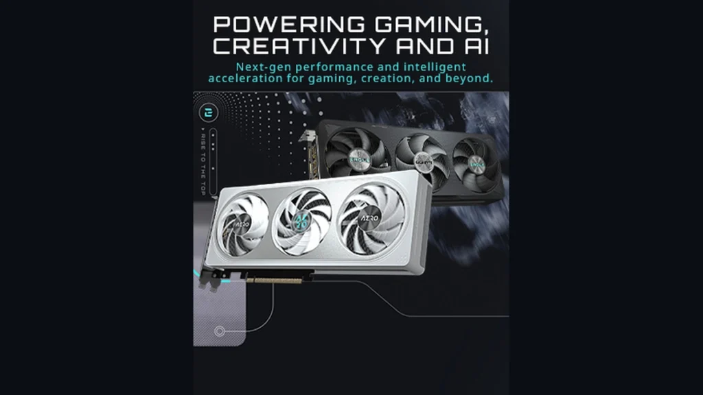 Promotional image showing GIGABYTE graphics cards designed for gaming, content creation, and AI workloads.