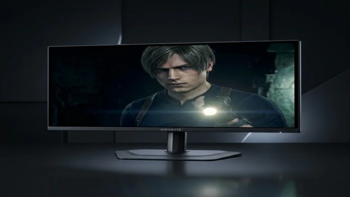 GIGABYTE MO27Q2A 27-inch QD-OLED gaming monitor displaying a dark gaming scene with deep blacks and high contrast.