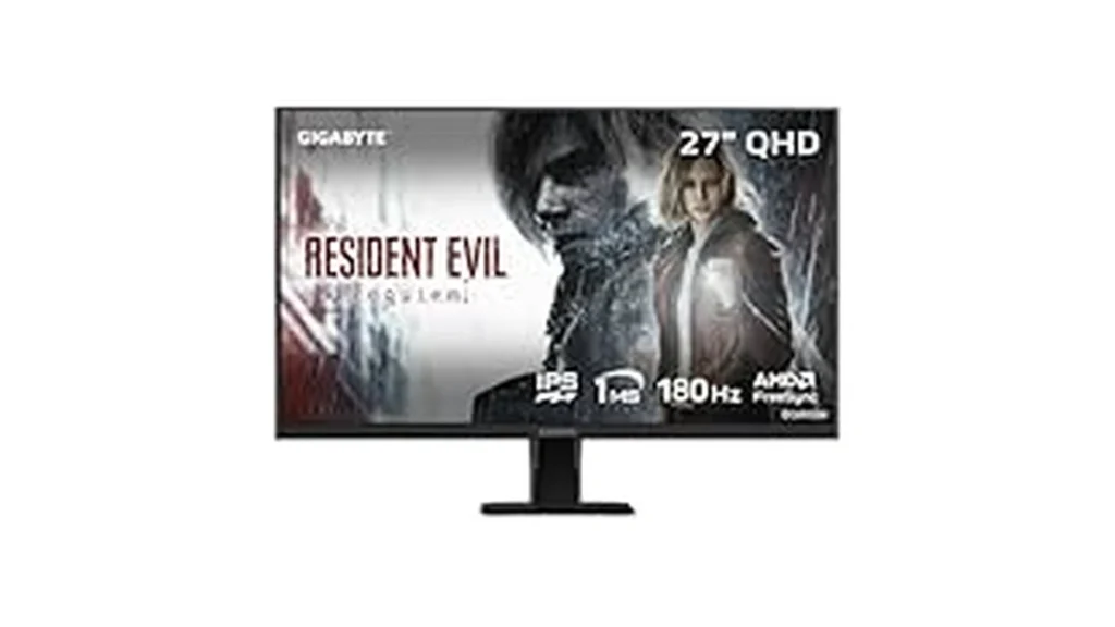 GIGABYTE QHD gaming monitor advertisement featuring Resident Evil 4 Remake gameplay and a 180Hz refresh rate.