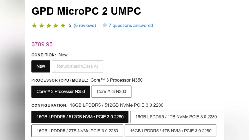 GPD MicroPC 2 product listing showing Intel Core 3 N350 processor and multiple storage configurations