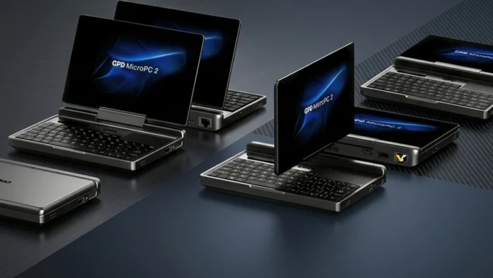 GPD MicroPC 2 mini laptop showcased in multiple usage positions with compact touchscreen display and industrial design