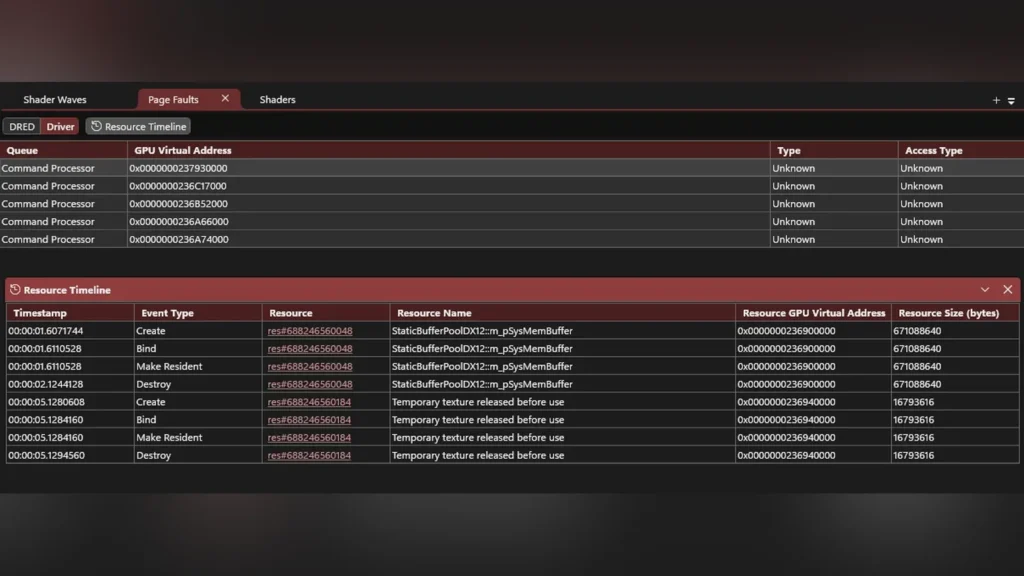 GPU memory allocations and execution queue state at crash time.