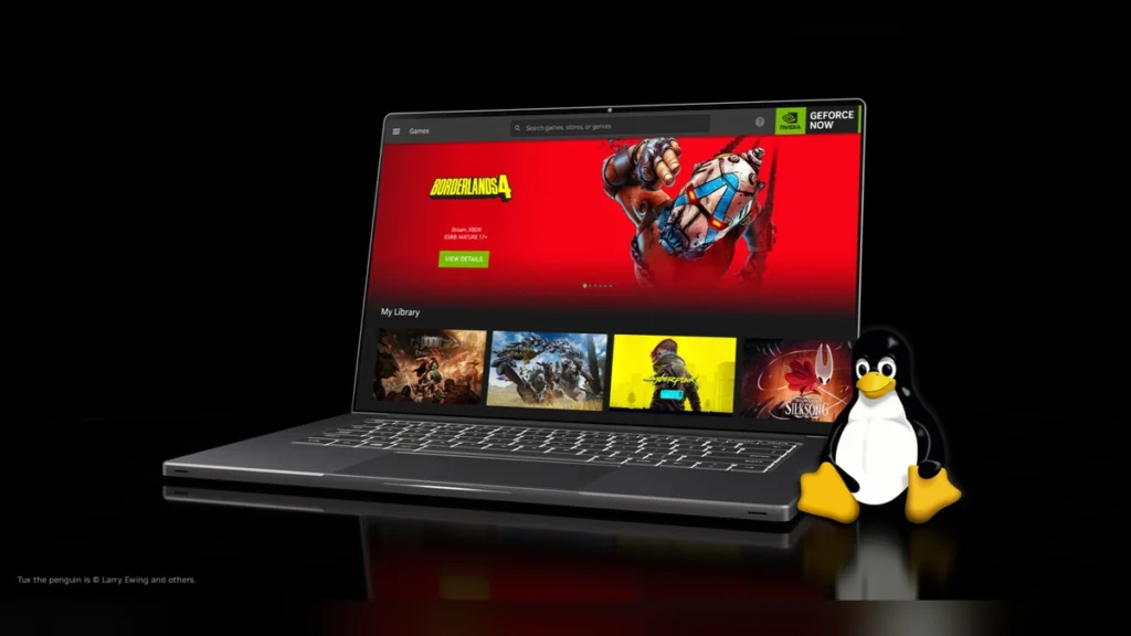 NVIDIA GeForce NOW cloud gaming service running across monitors, laptops, VR headsets, handheld consoles, and gaming accessories.