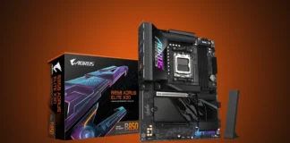 Gigabyte Lists B850 AORUS ELITE X3D Motherboard With BIOS Updates The Gigabyte B850 AORUS ELITE X3D motherboard next to its retail packaging box.