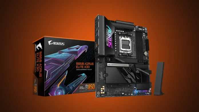 The Gigabyte B850 AORUS ELITE X3D motherboard next to its retail packaging box.