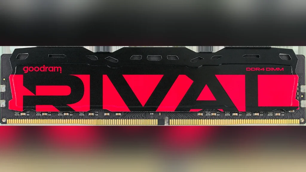 Close-up view of the metallic green heatsink on a Goodram RIVAL DDR4 RADIANT memory module.