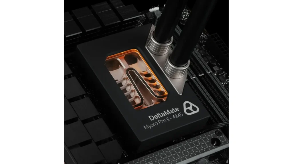 Close-up front view of the Thermal Grizzly DeltaMate Mycro Pro II - AM5 CPU water block highlighting the silver bracket and black cover.