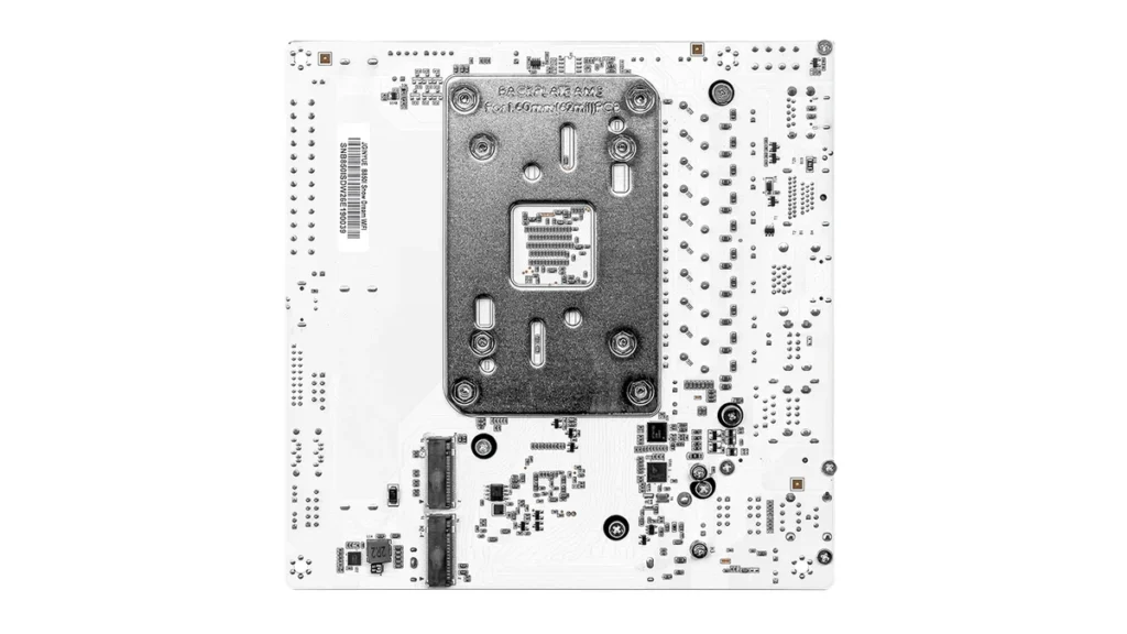 Backside view of the JGINYUE B850I SNOW DREAM WIFI Mini-ITX motherboard showing rear-mounted M.2 slots and PCB layout