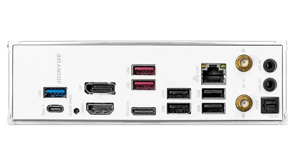 Rear I/O panel of the JGINYUE B850I SNOW DREAM WIFI motherboard featuring OCuLink, USB, DisplayPort, HDMI, and 2.5GbE LAN