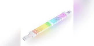 Jonsbo DY-2 GPU-H++ Power Extension Features Dual-Sided RGB Lighting Jonsbo DY-2 GPU-H++ 12+4 pin ARGB power extension cable glowing with vibrant rainbow lighting.