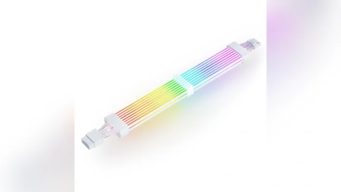 Jonsbo DY-2 GPU-H++ 12+4 pin ARGB power extension cable glowing with vibrant rainbow lighting.
