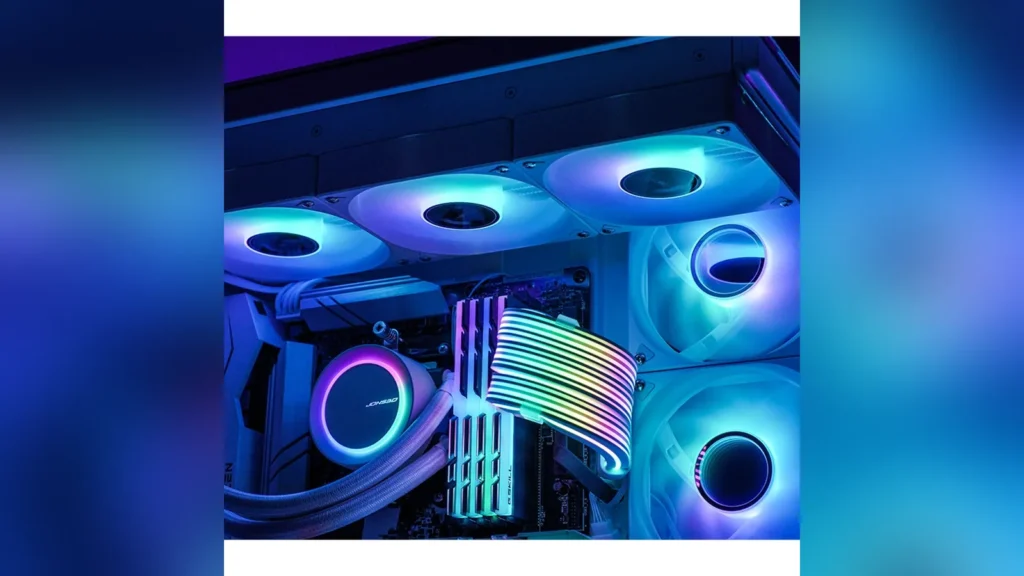 Jonsbo DY-2 GPU-H++ Power Extension Features Dual-Sided RGB Lighting 3 Close-up of the glowing Jonsbo DY-2 GPU-H++ cable installed inside a customized PC build.