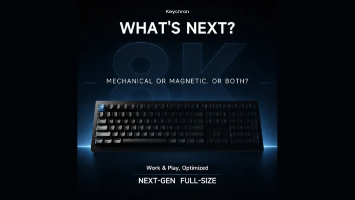 Front view of the black Keychron V6 Evolution full-size hybrid gaming keyboard on a dark background with blue lighting effects.