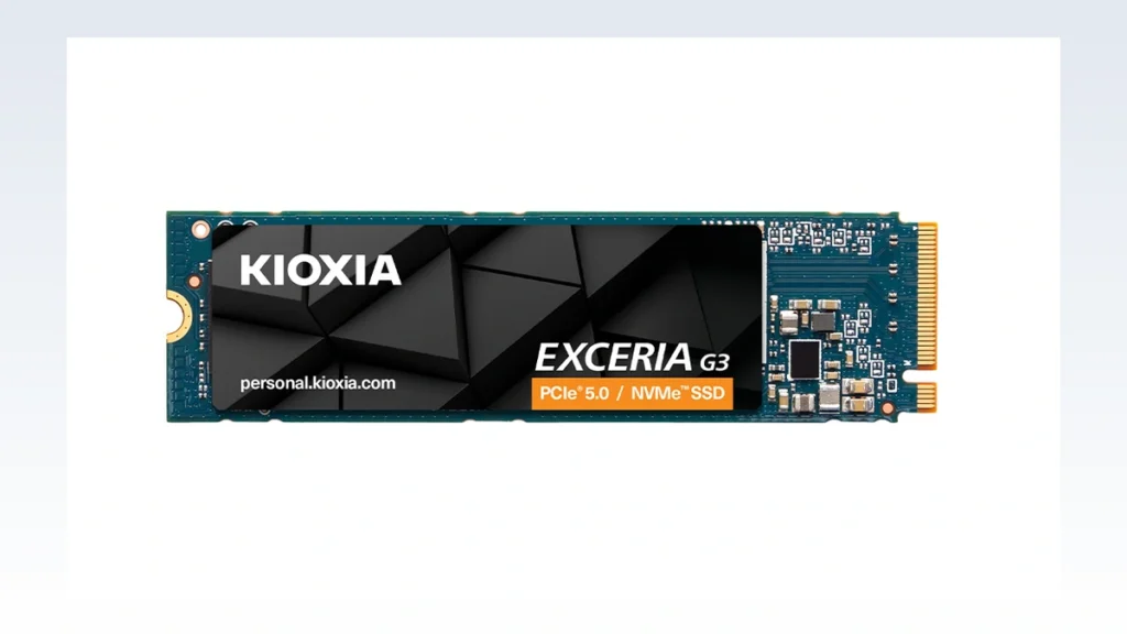 Overhead product shot of the Kioxia EXCERIA G3 PCIe 5.0 M.2 SSD detailing the components and labeling on a light silver gradient canvas.