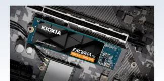 Kioxia EXCERIA G3 PCIe 5.0 SSD Lineup Expands with 4TB Option The Kioxia EXCERIA G3 PCIe 5.0 SSD installed in an M.2 slot on a motherboard, framed on a light silver gradient canvas.
