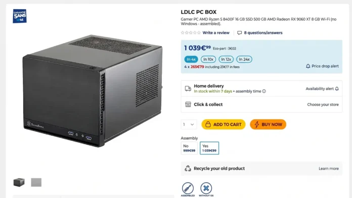 The LDLC store page displaying the PC BOX compact gaming computer with specifications.