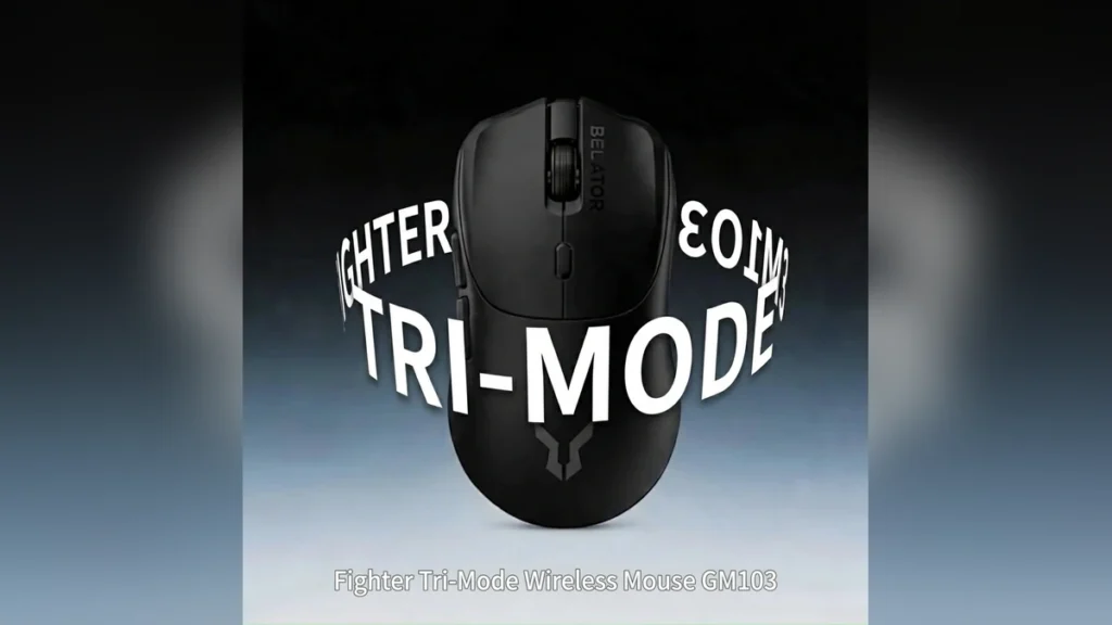 Lenovo Lecoo Fighter GM103 tri-mode gaming mouse on a dark gradient background with English text reading "FIGHTER", "TRI-MODE", and "GM103".