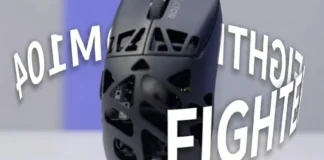 Lenovo Lecoo Fighter GM104 and GM103 Mice Support 8 kHz Polling Lenovo Lecoo Fighter GM104 tri-mode gaming mouse with its magnesium-aluminum alloy hollow chassis shown on a light gray and blue studio background. The English text "GM104" and "FIGHTER" is wrapped around the mouse.