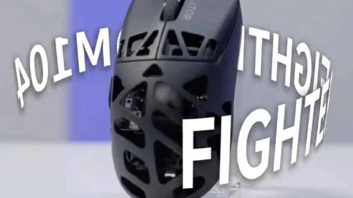 Lenovo Lecoo Fighter GM104 tri-mode gaming mouse with its magnesium-aluminum alloy hollow chassis shown on a light gray and blue studio background. The English text 