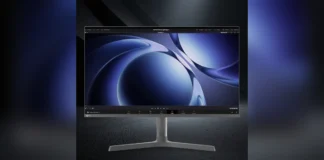 Lenovo Lecoo M3237PL 31.5-Inch 4K Monitor Features USB-C and KVM Switch Front view of the Lenovo Lecoo M3237PL 31.5-inch 4K IPS monitor on its stand, displaying a blue abstract wallpaper.