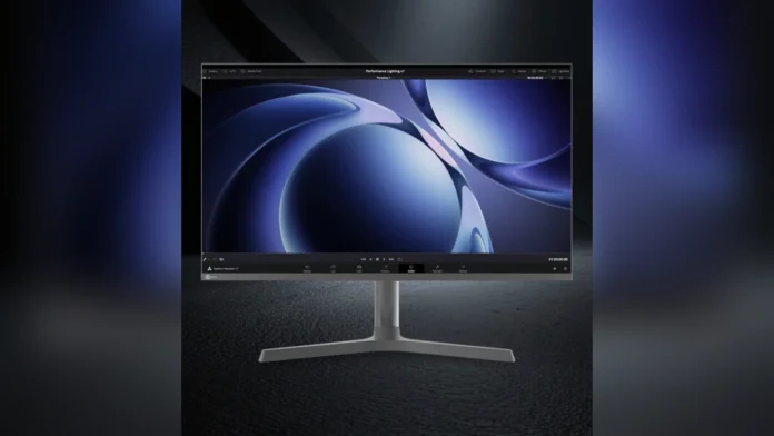 Front view of the Lenovo Lecoo M3237PL 31.5-inch 4K IPS monitor on its stand, displaying a blue abstract wallpaper.