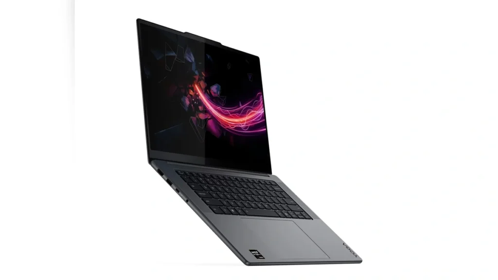 Front-angle perspective view of the open Lenovo Yoga Pro 7 15ASH11 laptop displaying an abstract wallpaper.