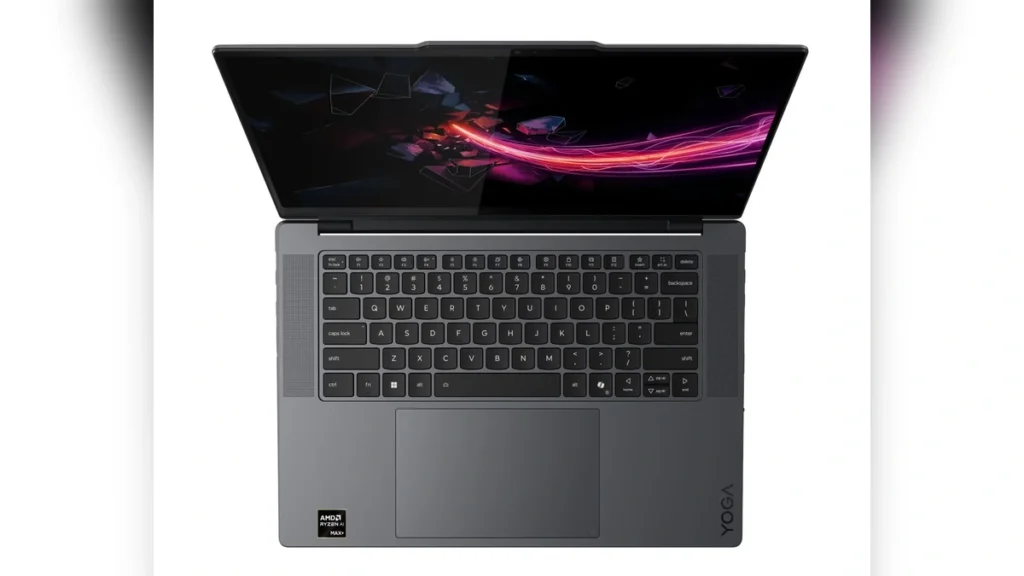 Overhead view of the open Lenovo Yoga Pro 7 15ASH11 laptop showing its keyboard, touchpad, speakers, and palm rest labels.