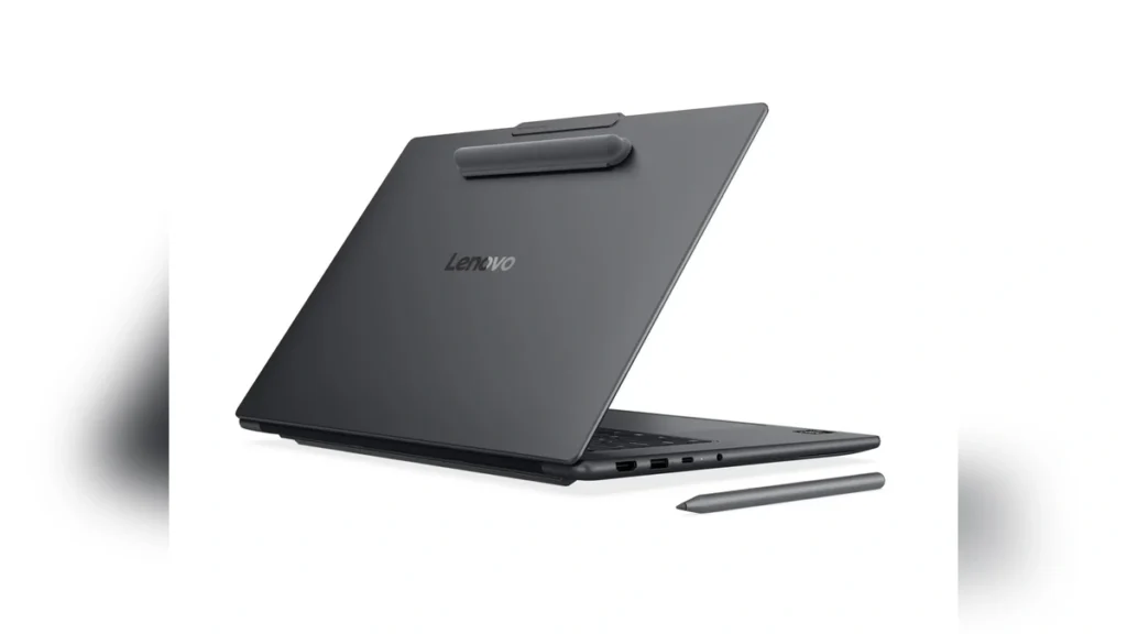 Back view of the Lenovo Yoga Pro 7 15ASH11 laptop showing a magnetic pen holder attached to the top of the lid, with the Yoga Pen Gen 2 next to it.