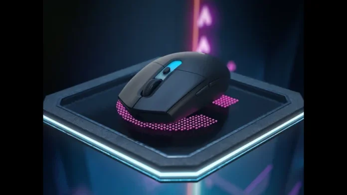 Front-angle view of the black Logitech G305 X Superlight wireless gaming mouse on a glowing high-tech stand.