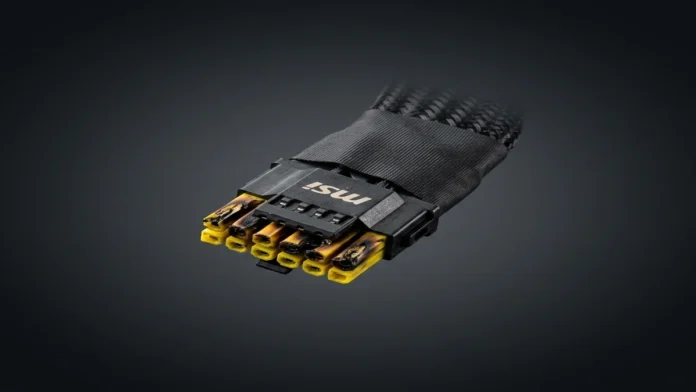 Burned MSI 12V-2x6 power connector showing heat damage on multiple pins used with a high-end graphics card.
