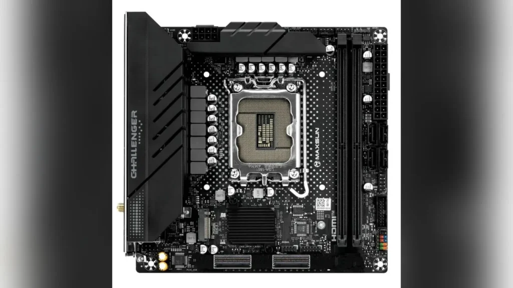 Top-down photo of the MaxSun MS-Challenger MCIO ITX motherboard showing dual MCIO connectors.