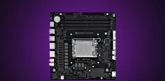 MaxSun Mini-ITX Motherboards Swap PCIe Slots for MCIO Connectors MaxSun MS-PC Farm B860I Mini-ITX motherboard isolated on a professional purple studio gradient background.