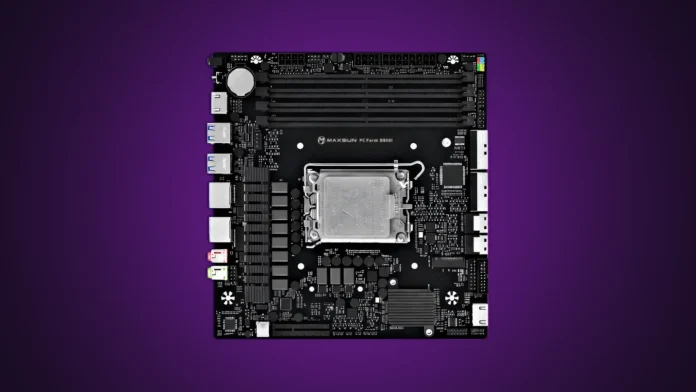 MaxSun MS-PC Farm B860I Mini-ITX motherboard isolated on a professional purple studio gradient background.