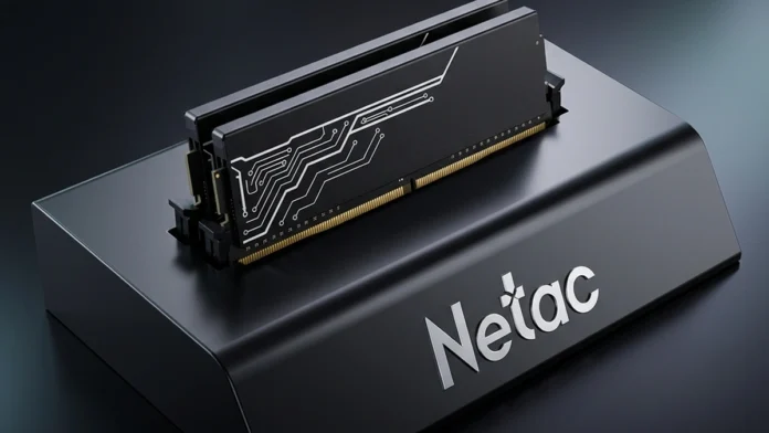 Netac Shadow II RGB DDR5 memory module displayed at Computex 2026 with premium heatsink design