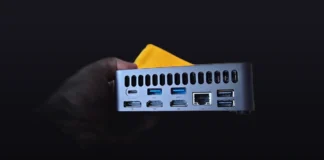 Ninkear M8_226V Lunar Lake Mini PC Leaks with OCuLink and USB4 Close-up of the rear panel of the Ninkear M8_226V mini PC showing its ports on a premium dark gradient backdrop.