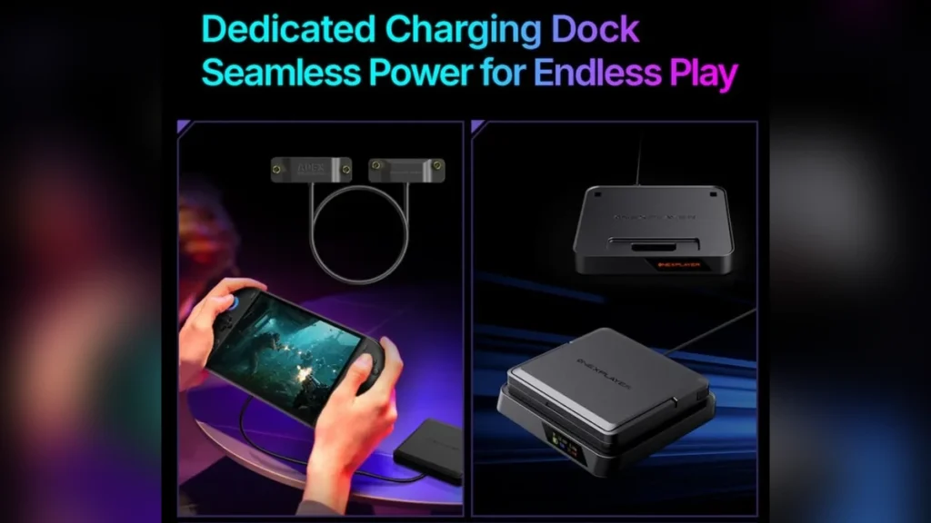Split-screen visual detailing the OneXPlayer X2 Mini Pro dedicated charging dock and handheld gameplay.
