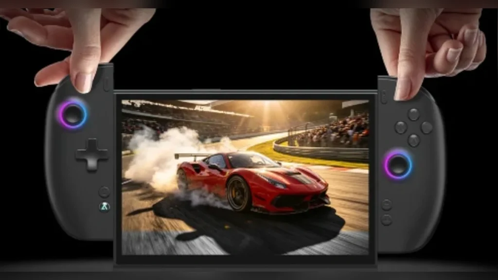 Hands attaching the detachable controllers to the sides of the OneXPlayer X2 Mini Pro handheld console.