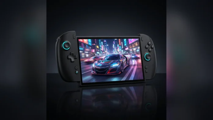 Front-angle view of the OneXPlayer X2 Mini Pro handheld console showcasing its controllers and high-resolution OLED screen.