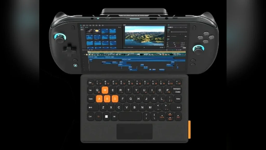 OneXPlayer X2 Mini Pro handheld console docked with a detachable magnetic keyboard, functioning as a 2-in-1 laptop.