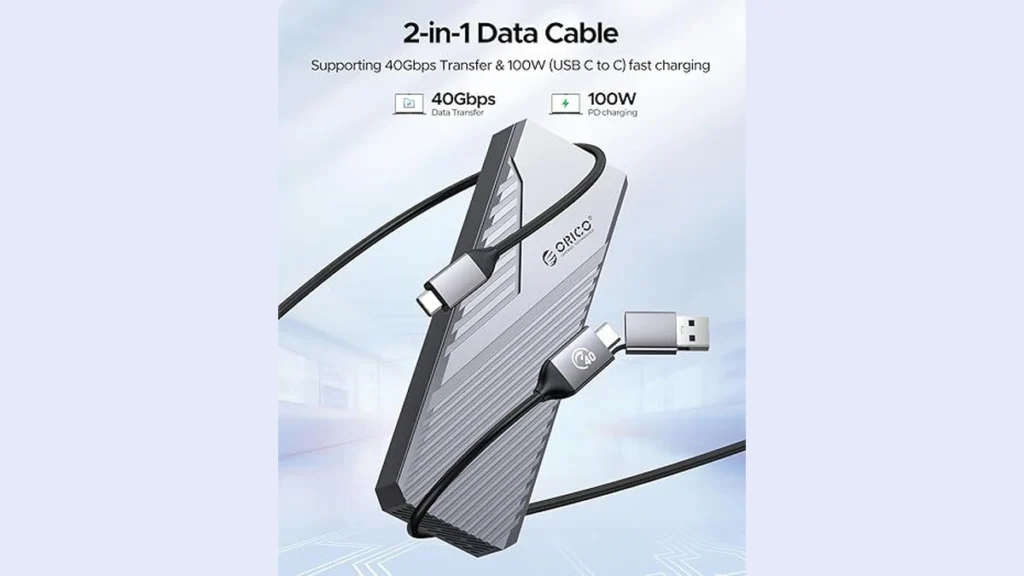 Orico Intros CNM2-U4-GY M.2 NVMe to USB4 SSD Enclosure 2 Orico CNM2-U4-GY enclosure with 2-in-1 USB Type-C and USB Type-A cable supporting 40Gbps transfers and 100W power delivery.
