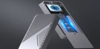 Orico Intros CNM2-U4-GY M.2 NVMe to USB4 SSD Enclosure Orico CNM2-U4-GY USB4 SSD enclosure with active cooling fan and aluminum alloy housing opened to reveal internal NVMe storage support.