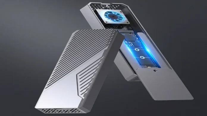 Orico CNM2-U4-GY USB4 SSD enclosure with active cooling fan and aluminum alloy housing opened to reveal internal NVMe storage support.